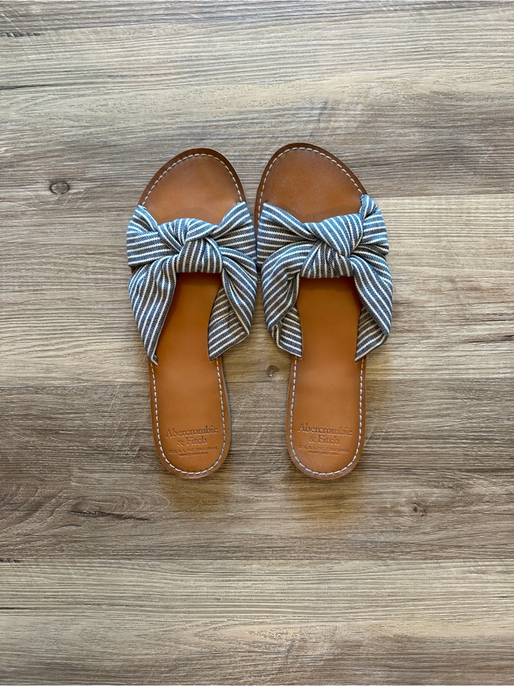 Abercrombie & Fitch Brown Slide Sandals with Blue-White Striped Knot Strap